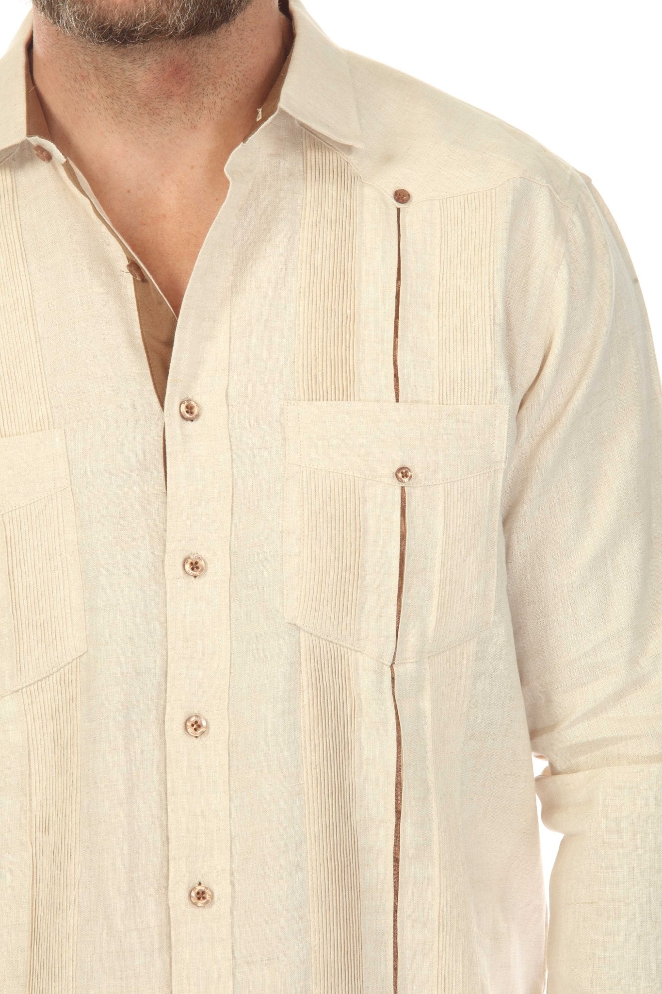 Men's 100% Linen Two Pocket Guayabera with Contrast Satin Taping & French Cuff