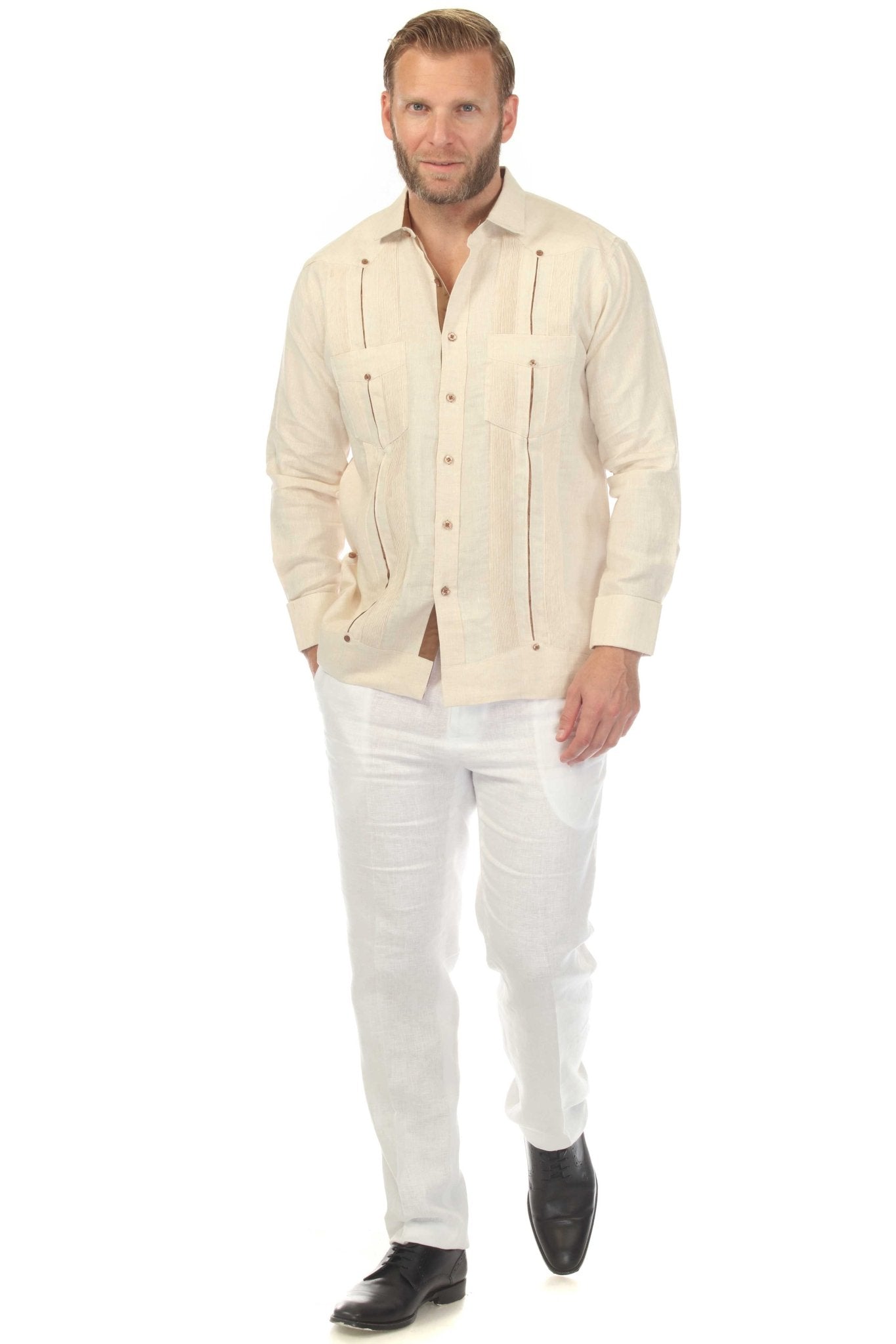 Men's 100% Linen Two Pocket Guayabera with Contrast Satin Taping & French Cuff