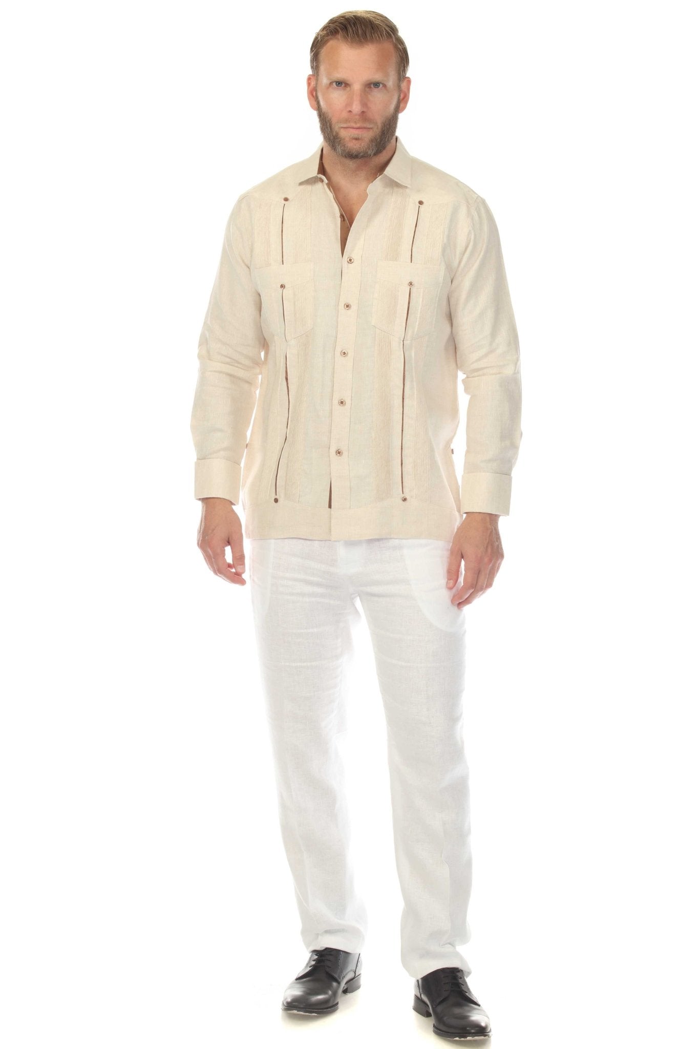 Men's 100% Linen Two Pocket Guayabera with Contrast Satin Taping & French Cuff