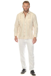 Men's 100% Linen Two Pocket Guayabera with Contrast Satin Taping & French Cuff