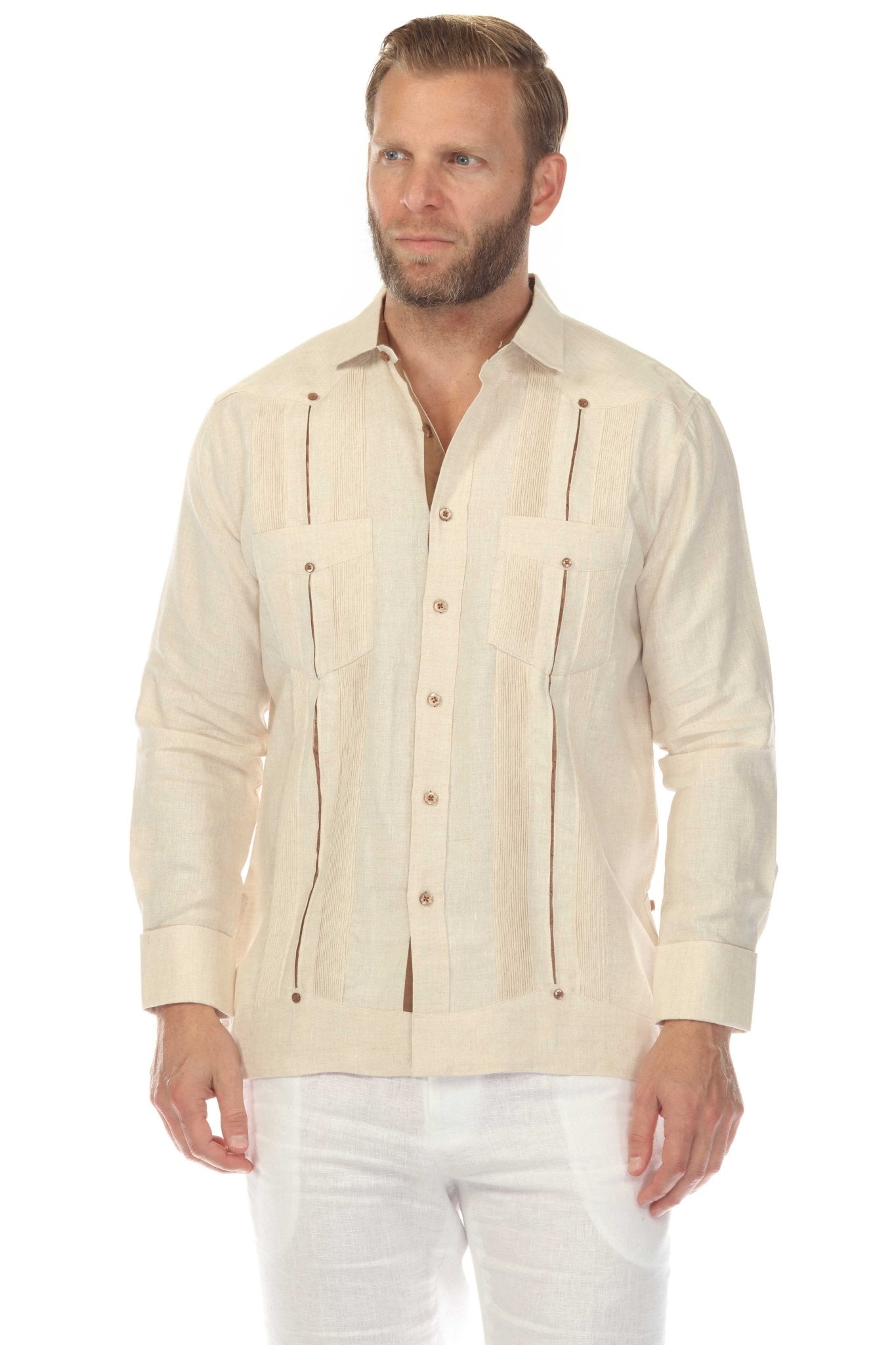 Men's 100% Linen Two Pocket Guayabera with Contrast Satin Taping & French Cuff