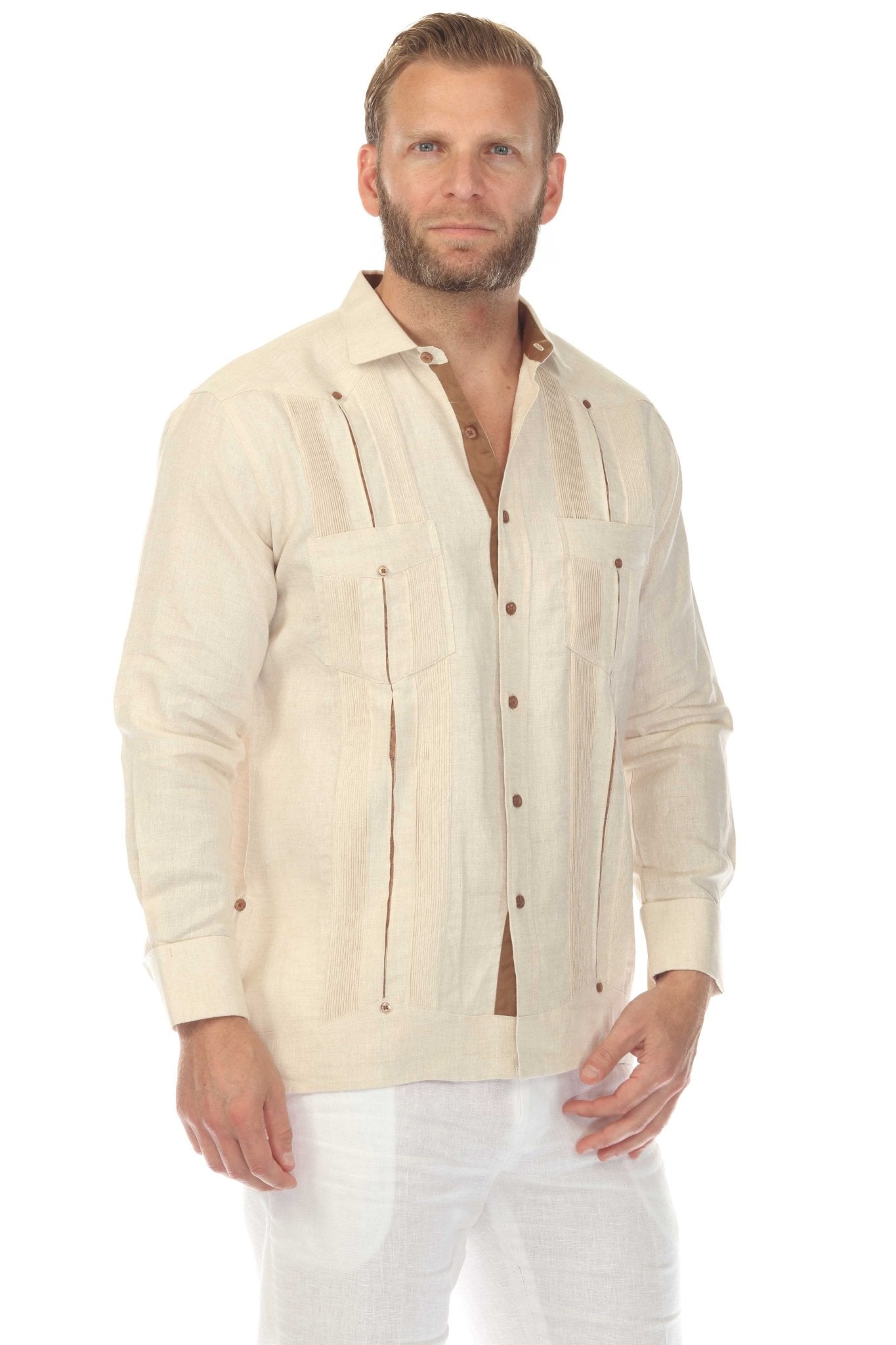 Men's 100% Linen Two Pocket Guayabera with Contrast Satin Taping & French Cuff