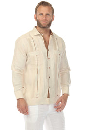 Men's 100% Linen Two Pocket Guayabera with Contrast Satin Taping & French Cuff