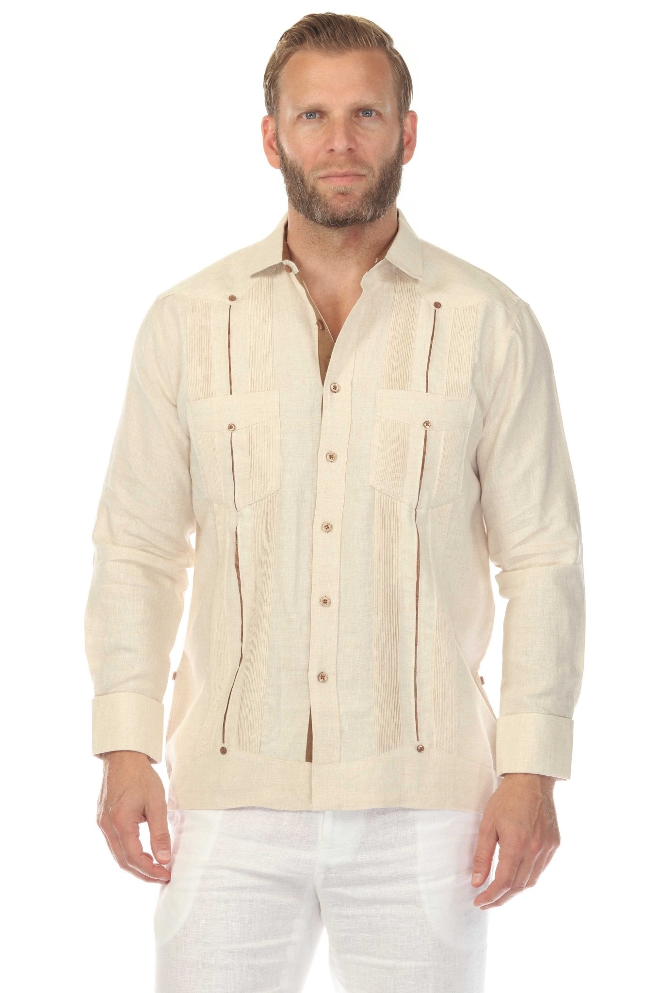 Men's 100% Linen Two Pocket Guayabera with Contrast Satin Taping & French Cuff