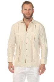 Men's 100% Linen Two Pocket Guayabera with Contrast Satin Taping & French Cuff