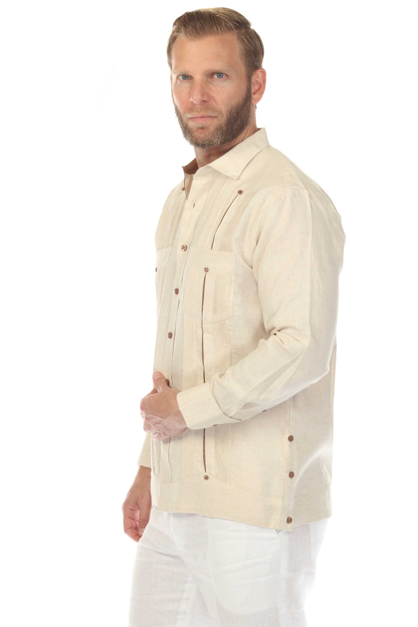 Men's 100% Linen Two Pocket Guayabera with Contrast Satin Taping & French Cuff
