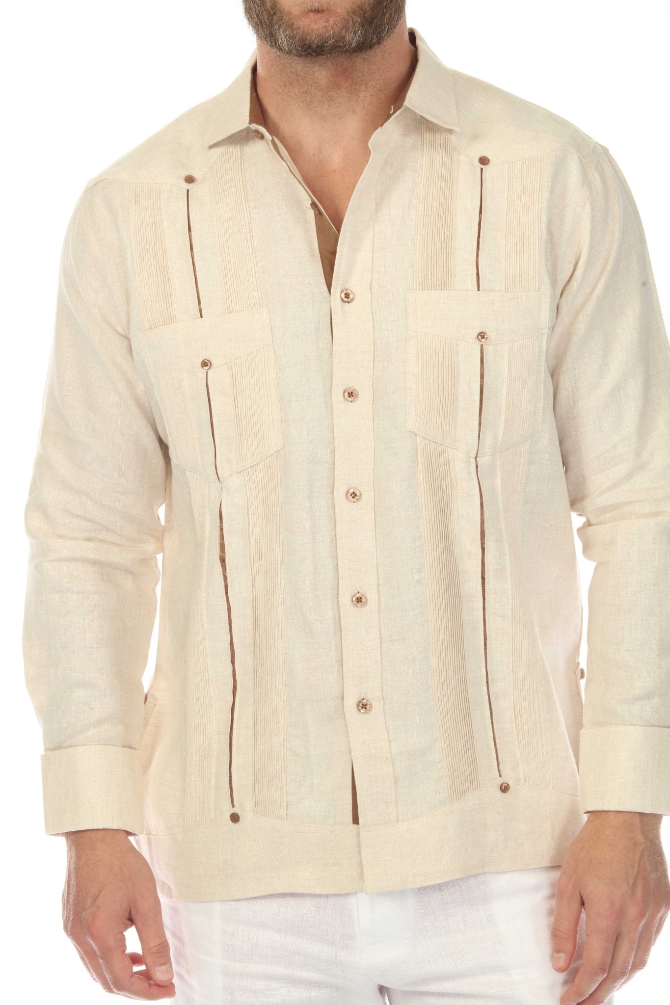 Men's 100% Linen Two Pocket Guayabera with Contrast Satin Taping & French Cuff