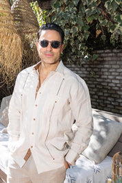 Men's 100% Linen Two Pocket Guayabera with Contrast Satin Taping & French Cuff