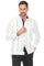 A man models a long-sleeved white linen Guayabera shirt with contrast black paneling.