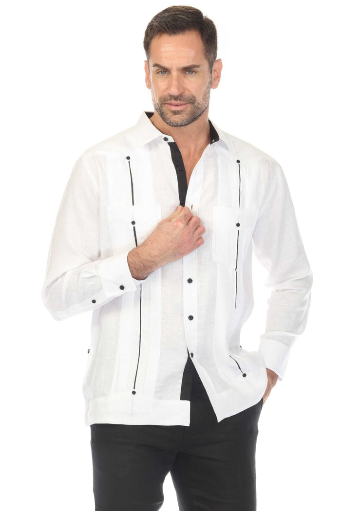 Profile view of a person wearing a light blue 100% Linen Contrast Panel Guayabera Shirt with long sleeves and dark blue details.