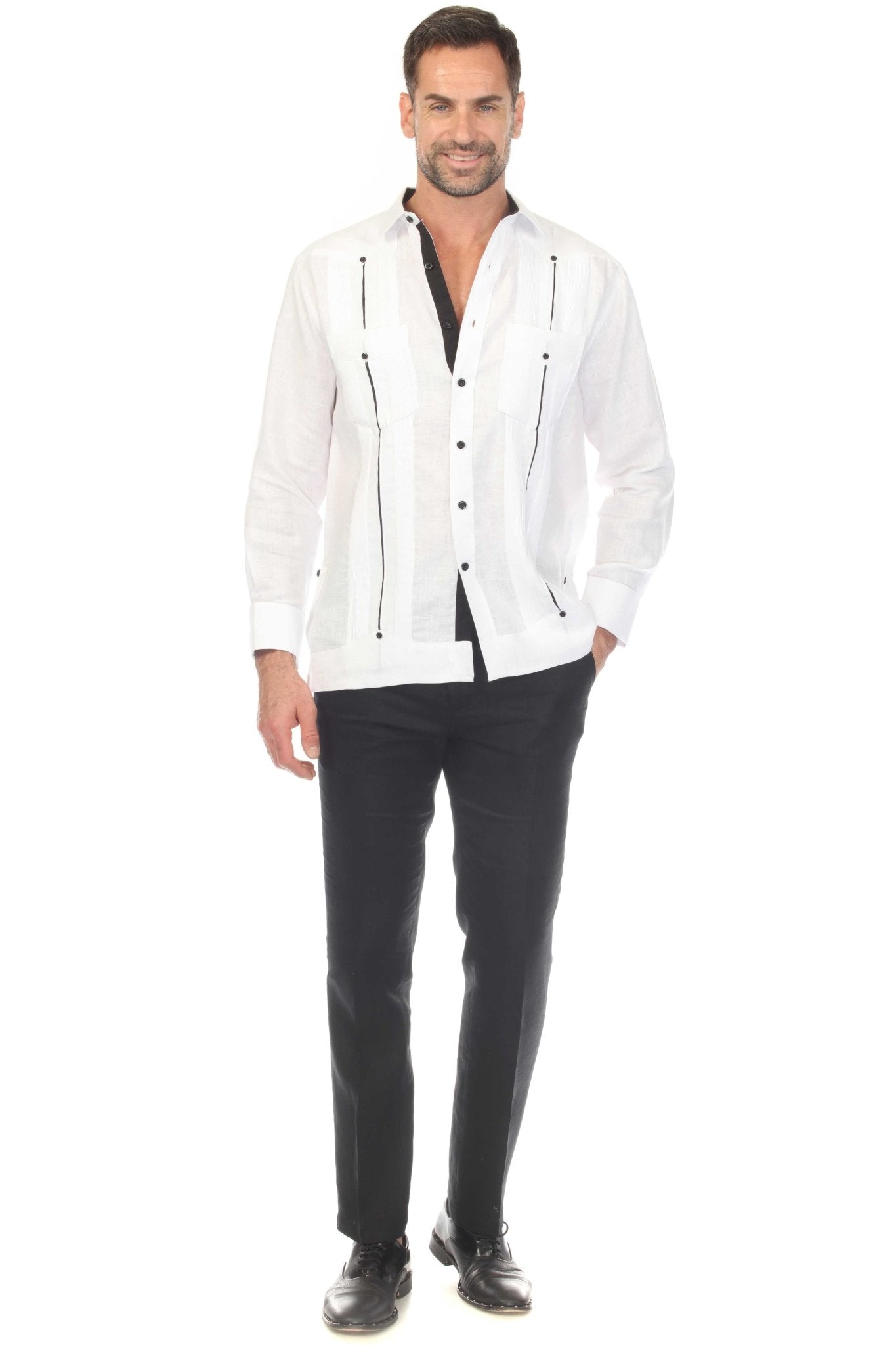 Men's 100% Linen Two Pocket Guayabera with Contrast Satin Taping & French Cuff