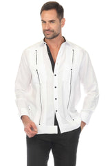 Camisa guayabera de lino 100 % para hombre, manga larga, con detalle estampado