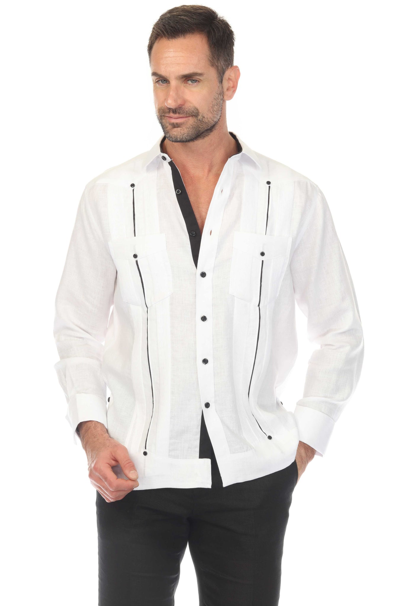 Men's 100% Linen Two Pocket Guayaberas with Contrast Satin Taping