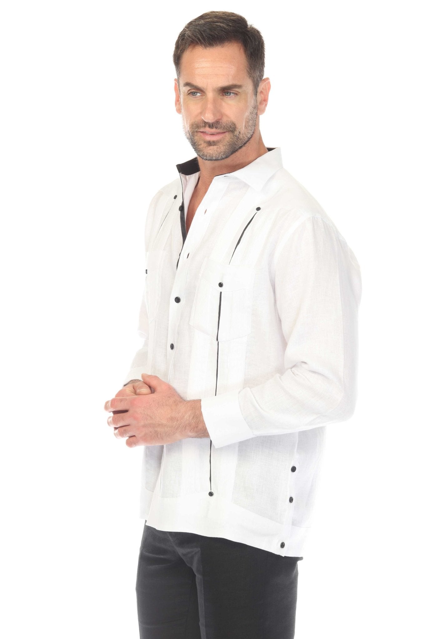 Men's 100% Linen Two Pocket Guayabera with Contrast Satin Taping & French Cuff