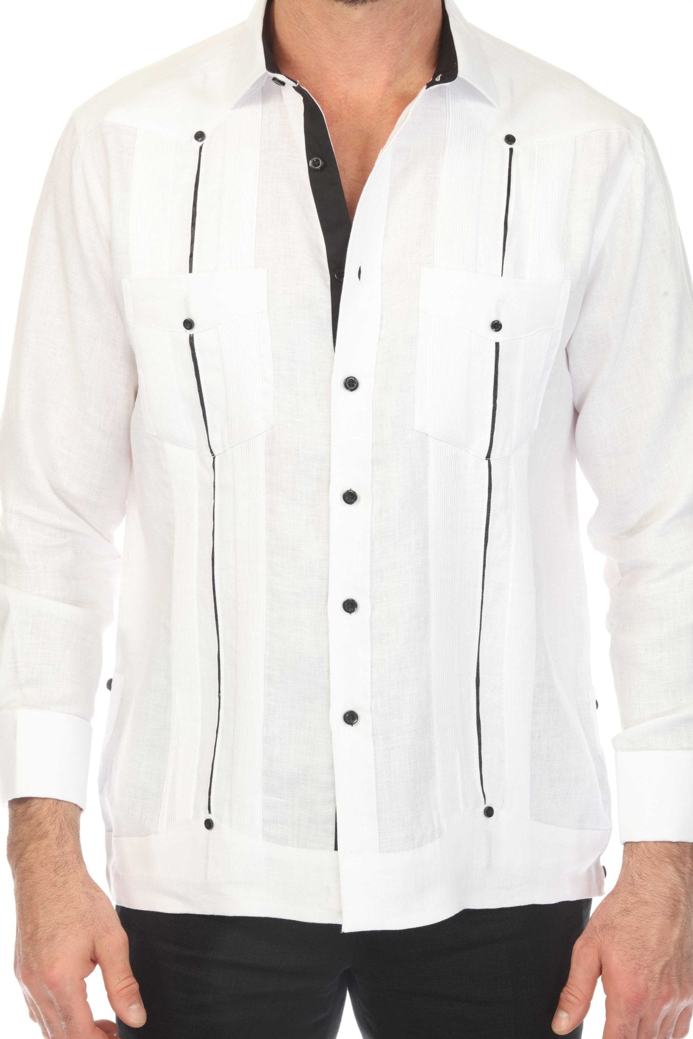 Front view of a white 100% Linen Contrast Panel Guayabera Shirt with long sleeves and black accent details.