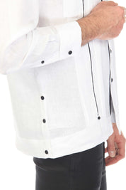 Men's 100% Linen Two Pocket Guayabera with Contrast Satin Taping & French Cuff
