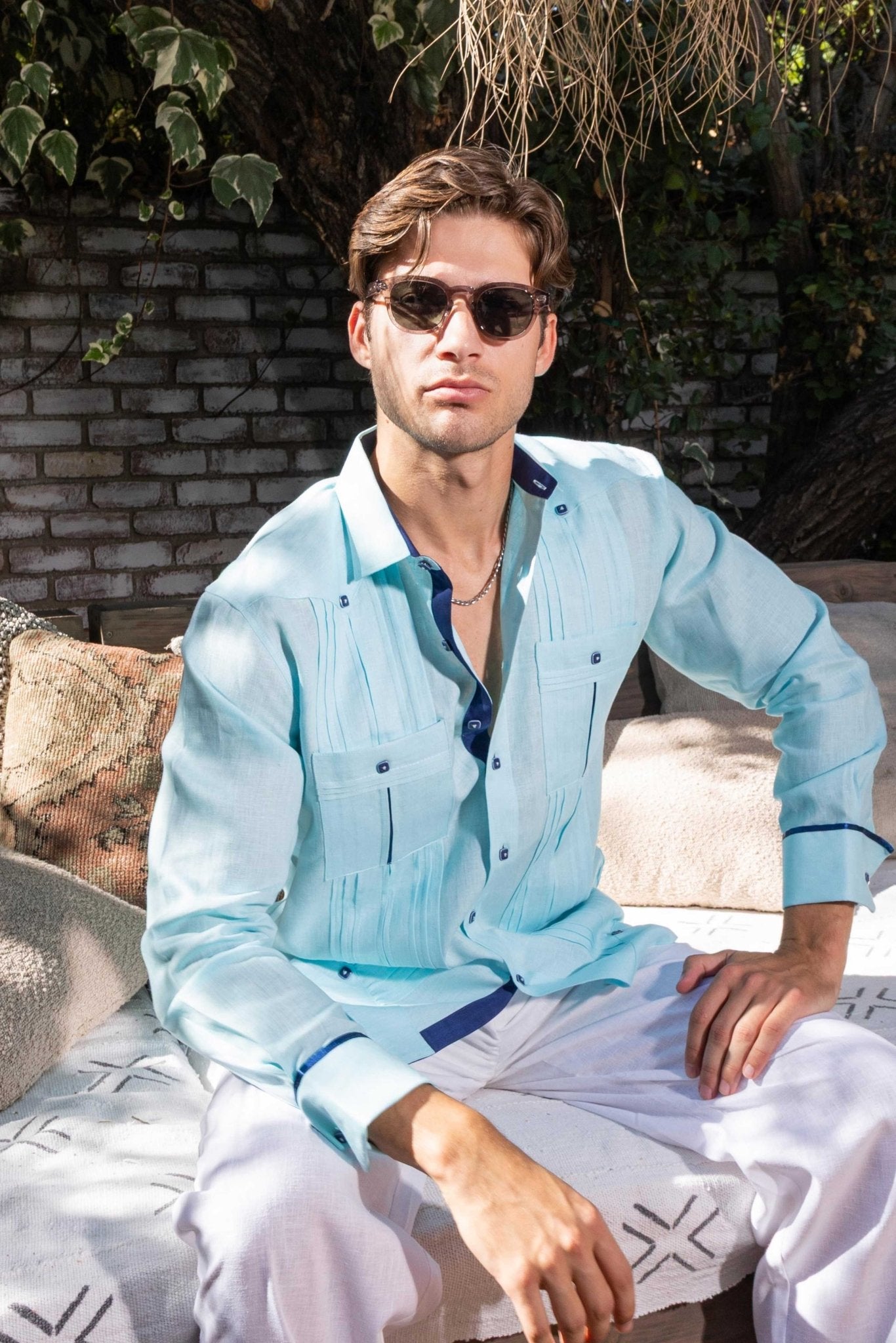 guayabera dress shirts Men's Wide Pleat Linen Guayabera with Contrast Trim X-Large / AQUA-NAVY