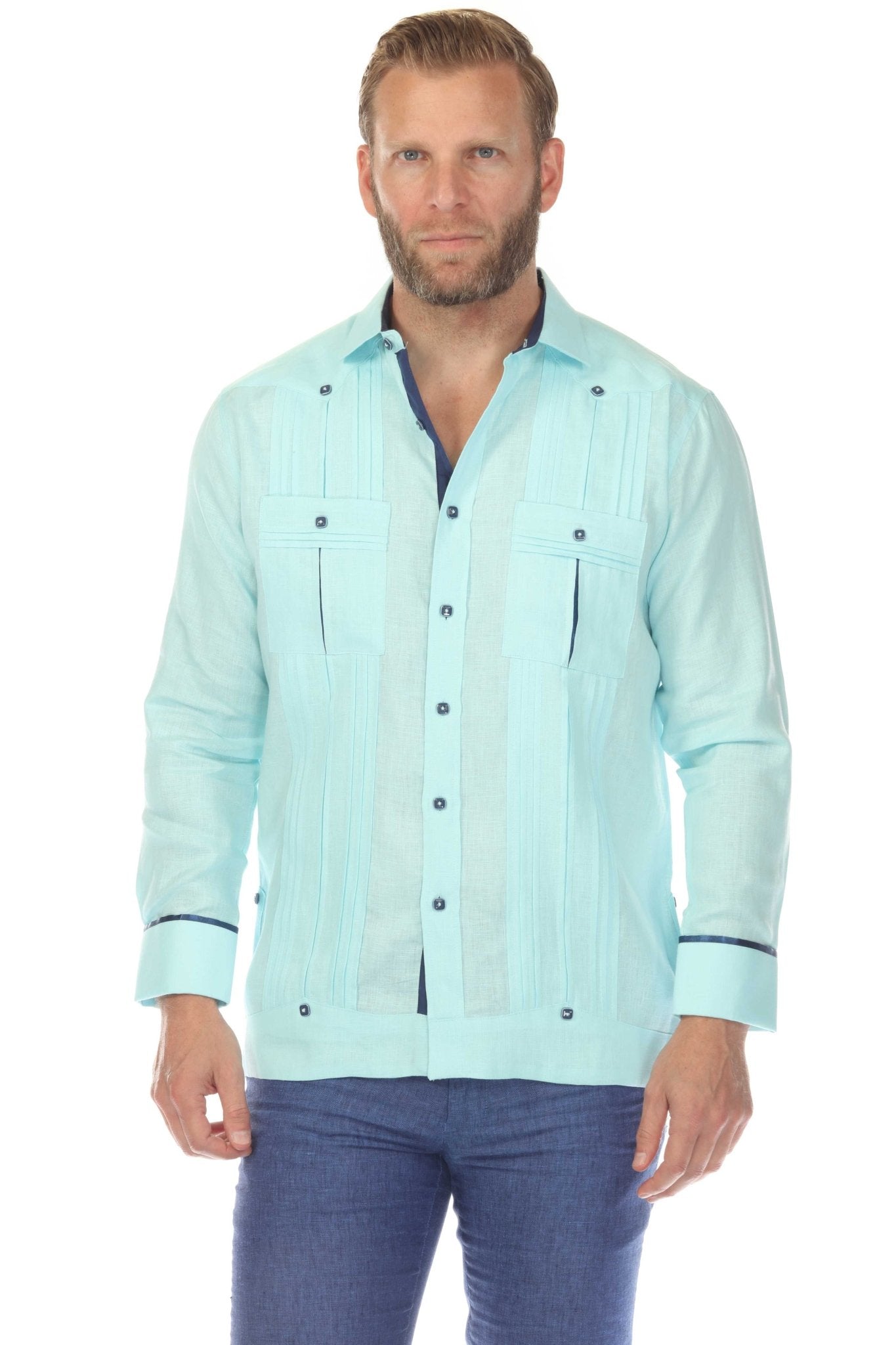 Men's 100% Linen Two Pocket Guayabera with Wide Pleating & Print Contrast
