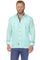 Front view of a man wearing the light blue 100% Linen Contrast Panel Guayabera Shirt Long Sleeve with navy trim.