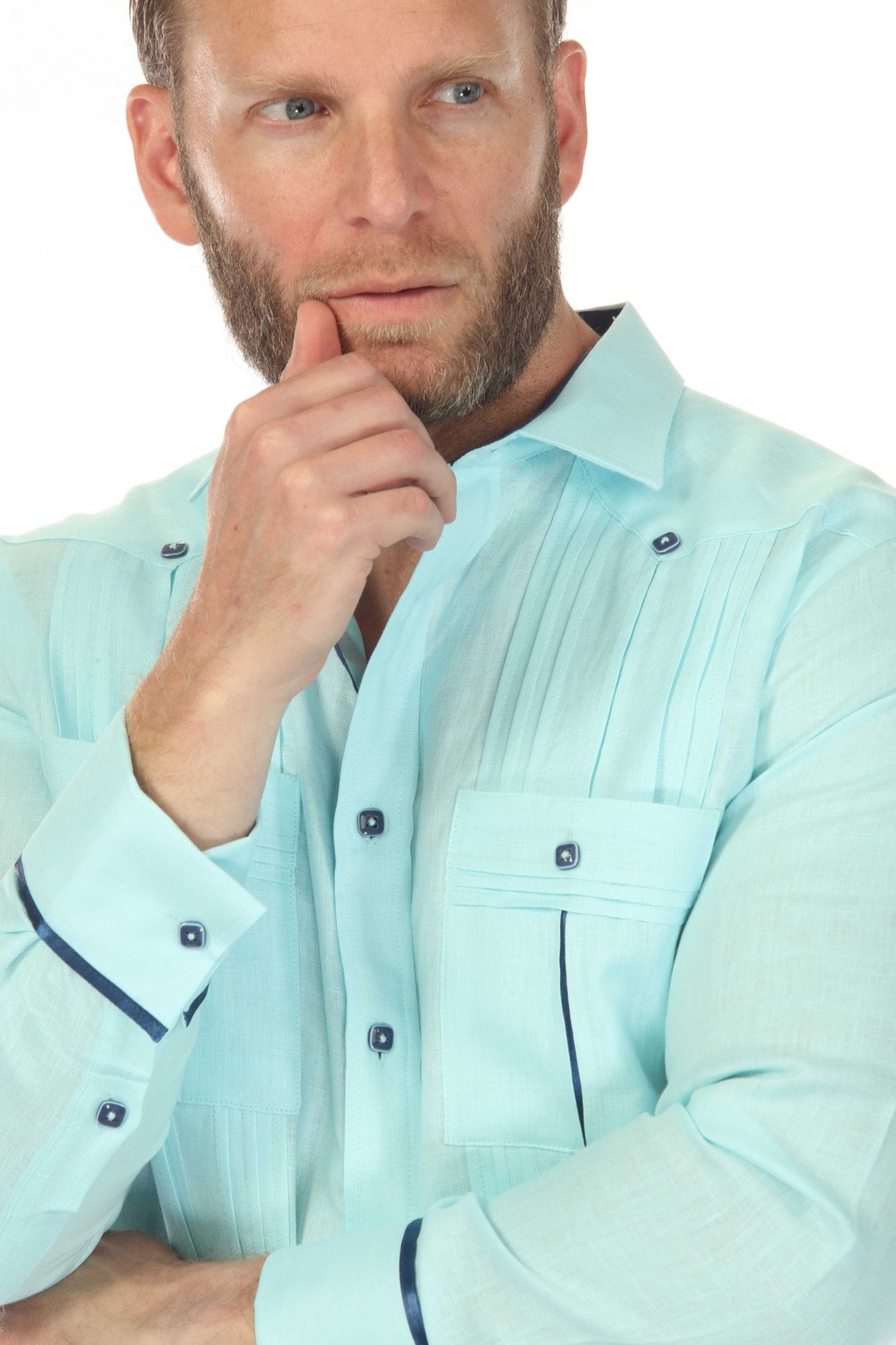 Men's 100% Linen Two Pocket Guayabera with Wide Pleating & Print Contrast