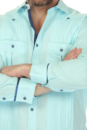 Men's 100% Linen Two Pocket Guayabera with Wide Pleating & Print Contrast