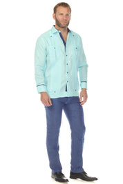 Men's 100% Linen Two Pocket Guayabera with Wide Pleating & Print Contrast