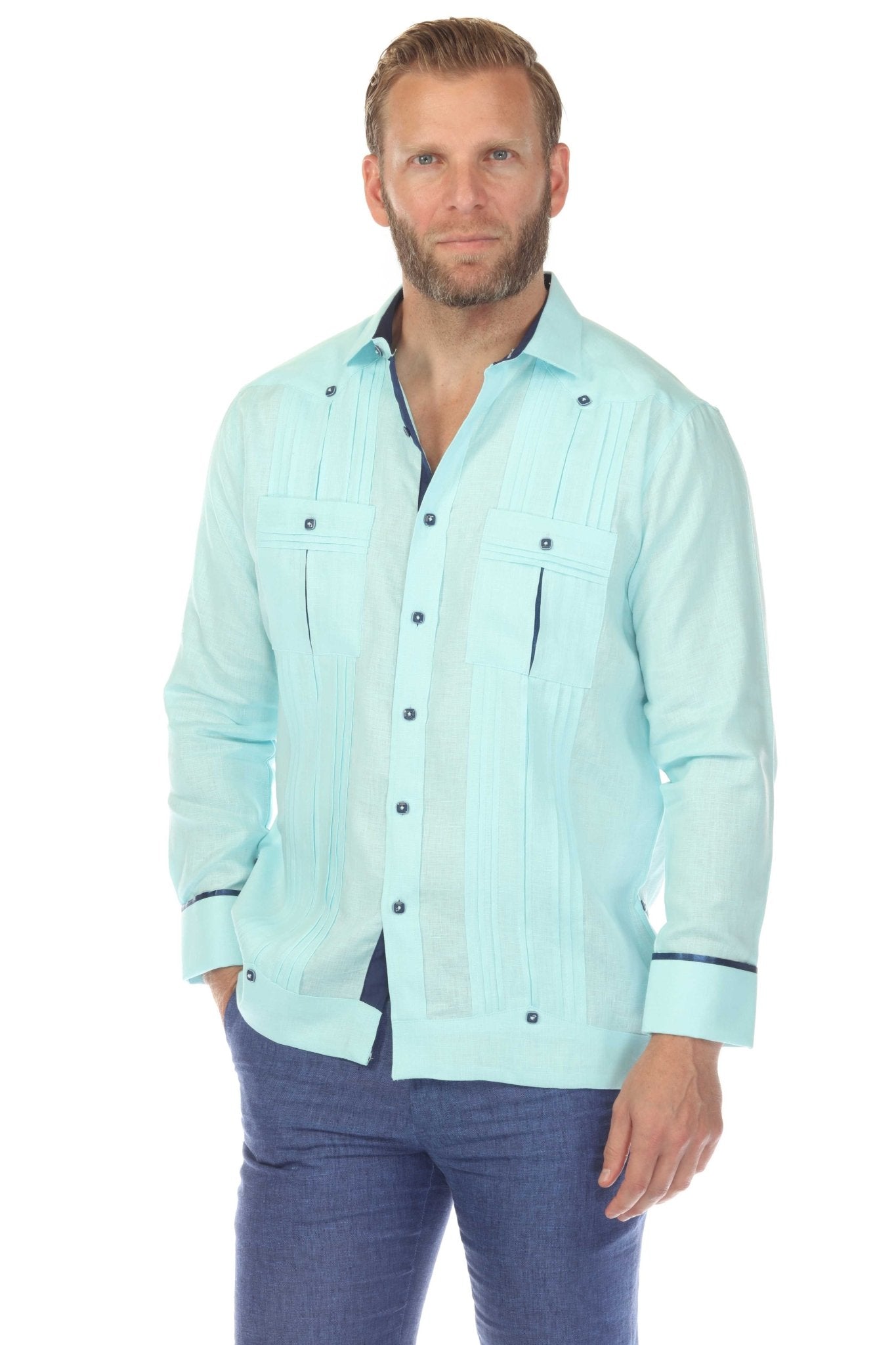 Men's 100% Linen Two Pocket Guayabera with Wide Pleating & Print Contrast