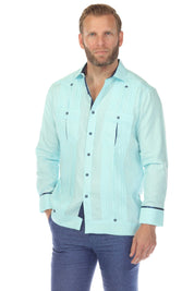 Men's 100% Linen Two Pocket Guayabera with Wide Pleating & Print Contrast