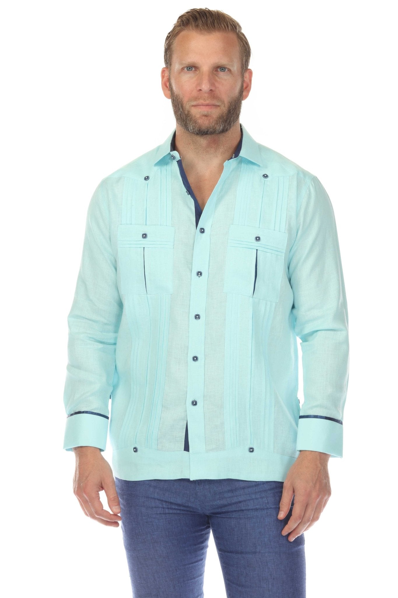 Men's 100% Linen Two Pocket Guayabera with Wide Pleating & Print Contrast