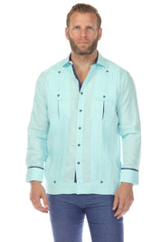 Men's 100% Linen Two Pocket Guayabera with Wide Pleating & Print Contrast