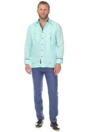 Men's 100% Linen Two Pocket Guayabera with Wide Pleating & Print Contrast