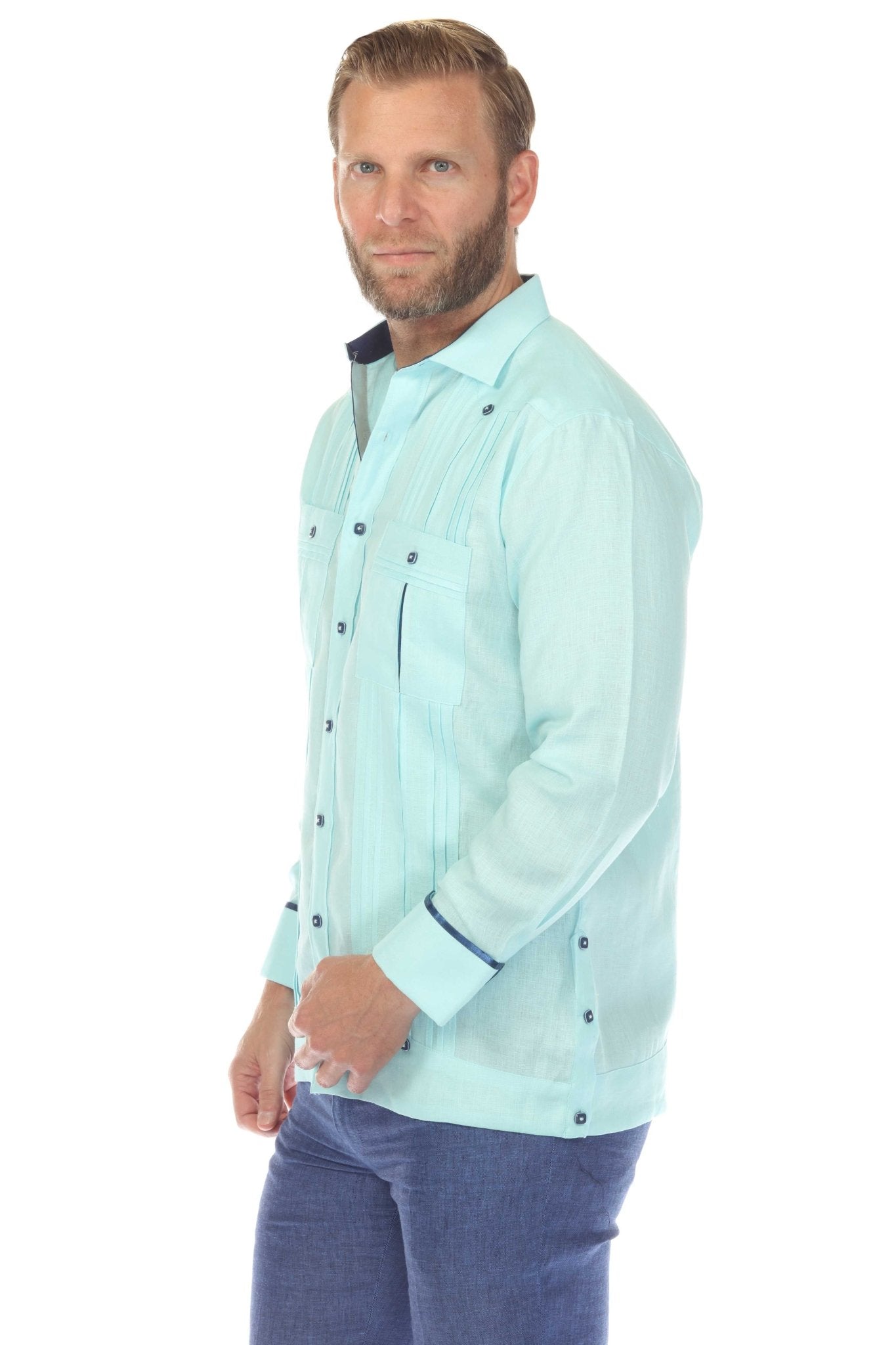 Men's 100% Linen Two Pocket Guayabera with Wide Pleating & Print Contrast