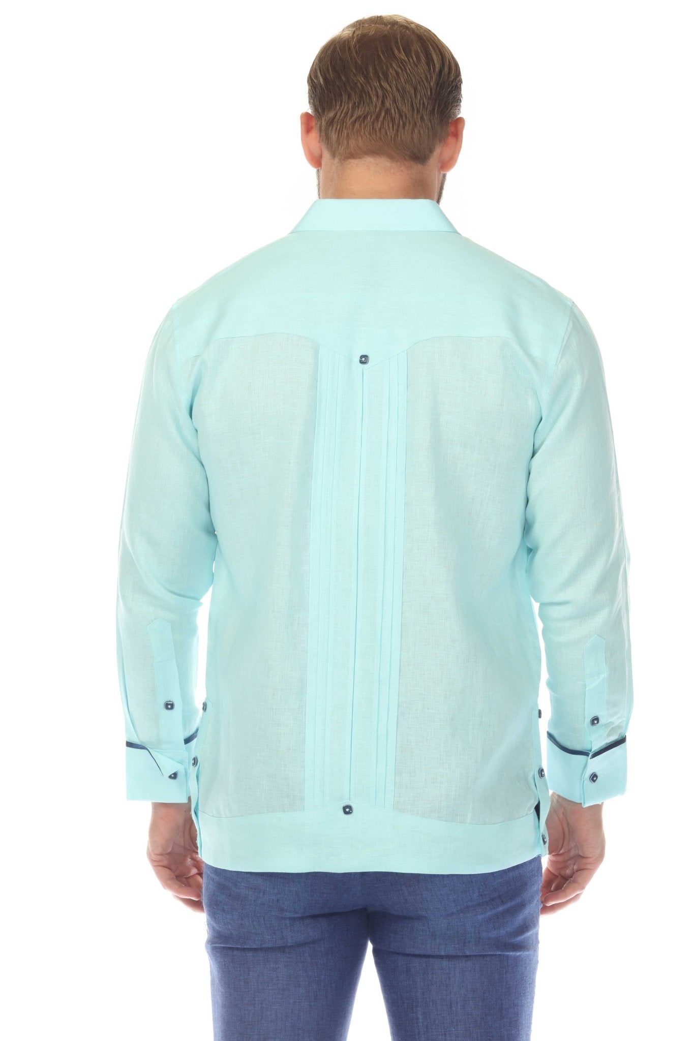 Men's 100% Linen Two Pocket Guayabera with Wide Pleating & Print Contrast