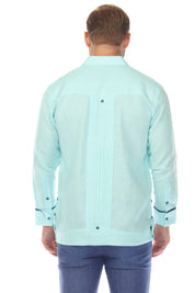 Men's 100% Linen Two Pocket Guayabera with Wide Pleating & Print Contrast