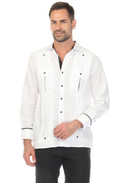 Men's 100% Linen Two Pocket Guayabera with Wide Pleating & Print Contrast