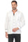 Front view of a man wearing a white 100% Linen Contrast Panel Guayabera Shirt with long sleeves and black contrast details.