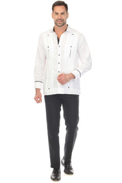 Men's 100% Linen Two Pocket Guayabera with Wide Pleating & Print Contrast