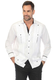 Men's 100% Linen Two Pocket Guayabera with Wide Pleating & Print Contrast