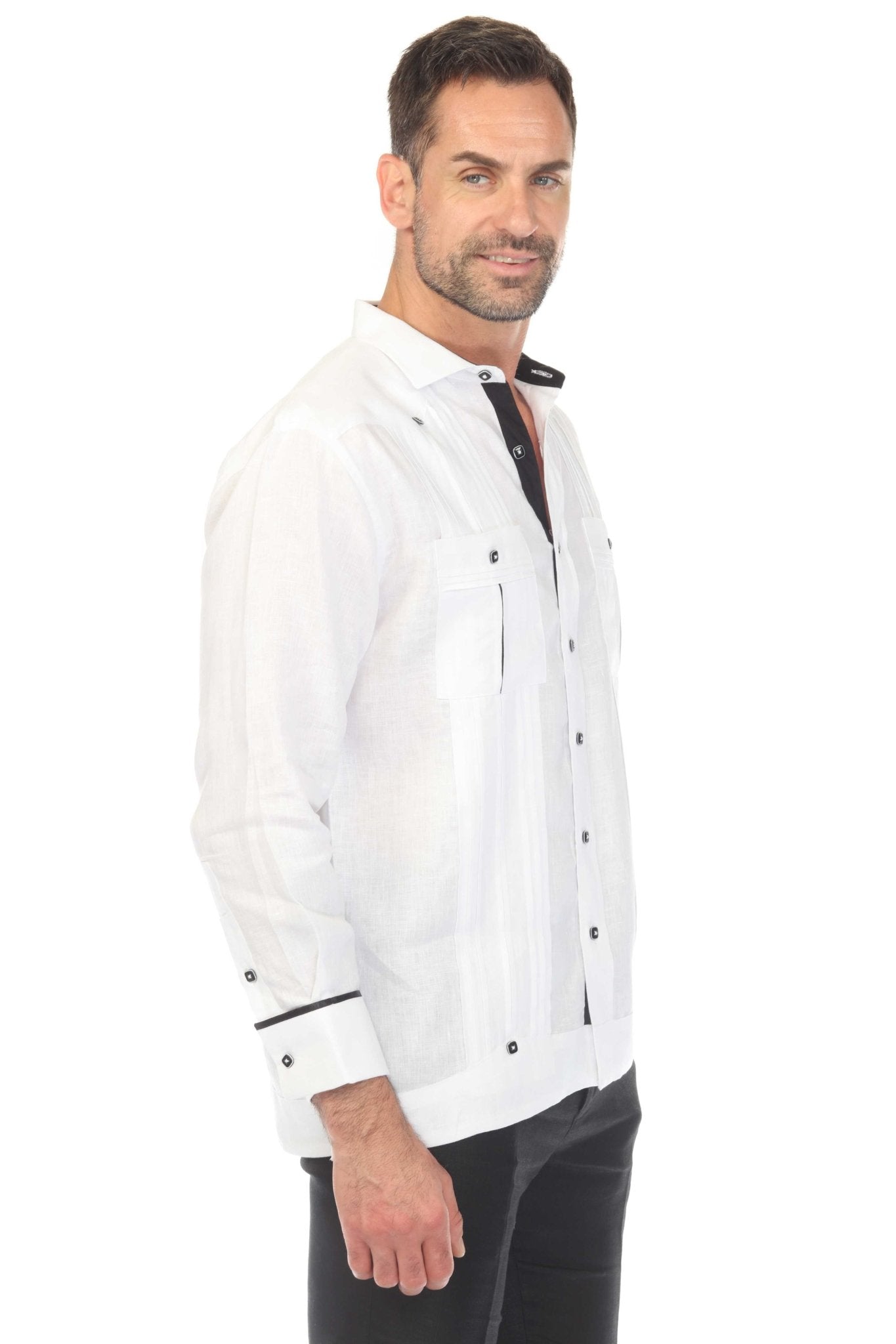 Men's 100% Linen Two Pocket Guayabera with Wide Pleating & Print Contrast