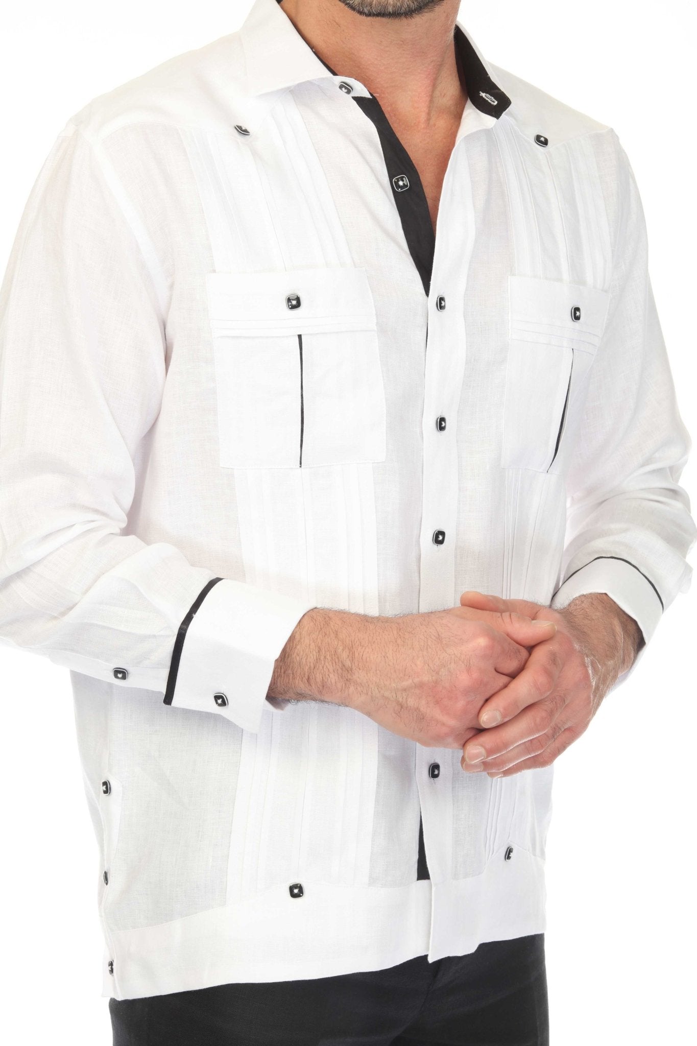 Men's 100% Linen Two Pocket Guayabera with Wide Pleating & Print Contrast