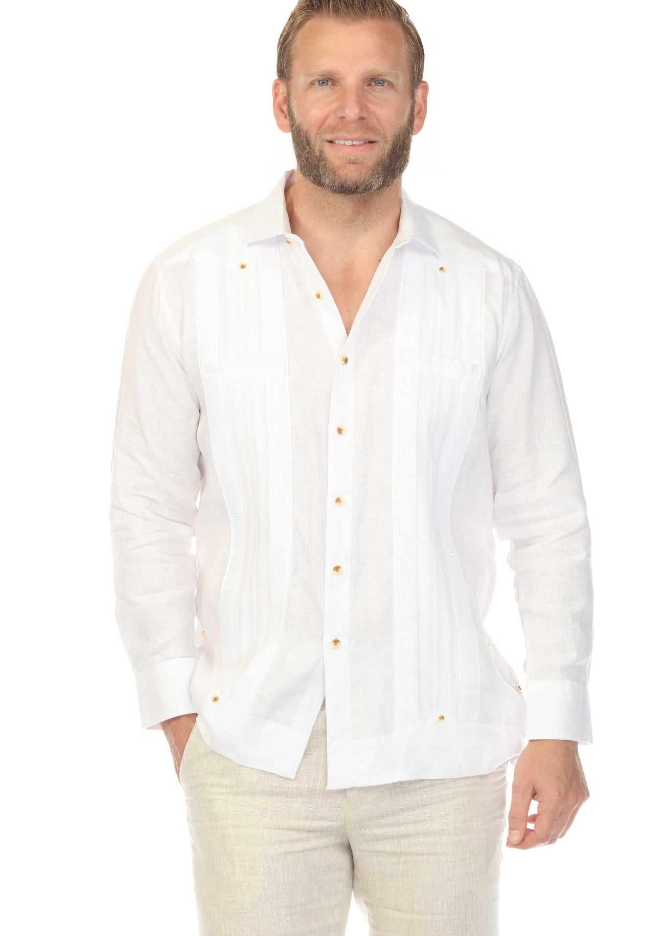 Men's 100% Linen Two-Pocket Wedding Guayabera with Lace Accent