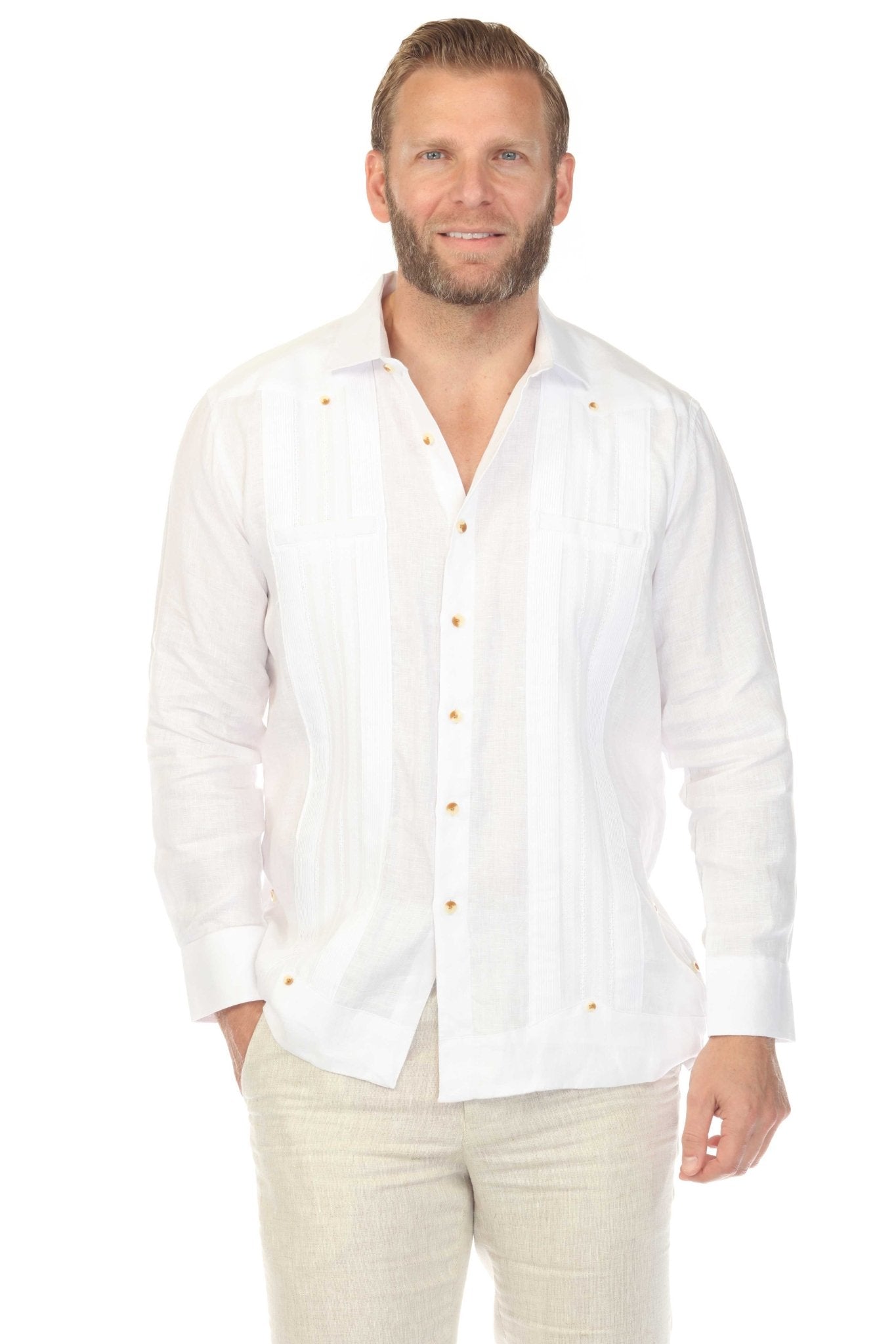 Men's 100% Linen Two-Pocket Wedding Guayabera with Lace Accent