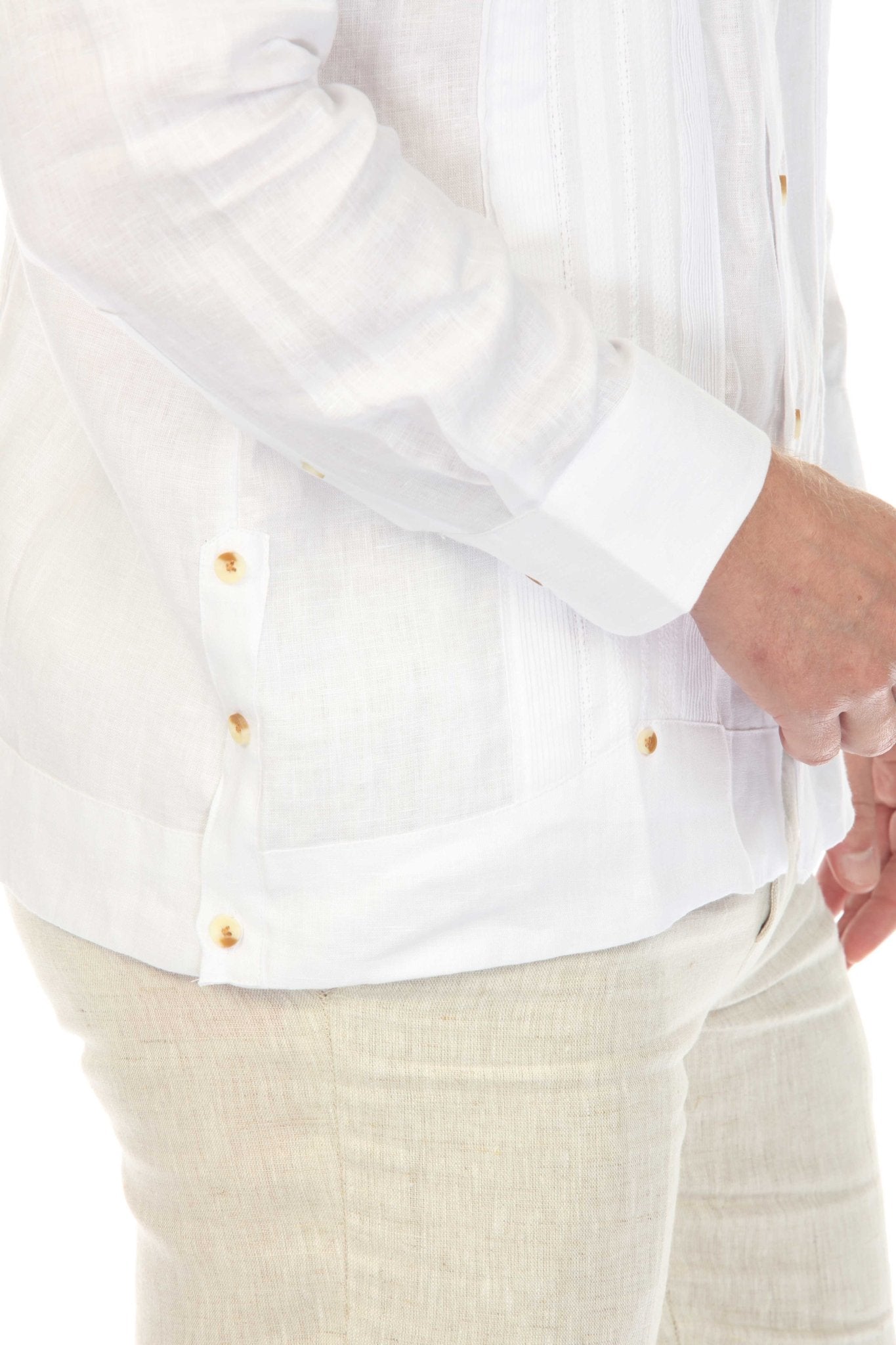 Men's 100% Linen Two-Pocket Wedding Guayabera with Lace Accent