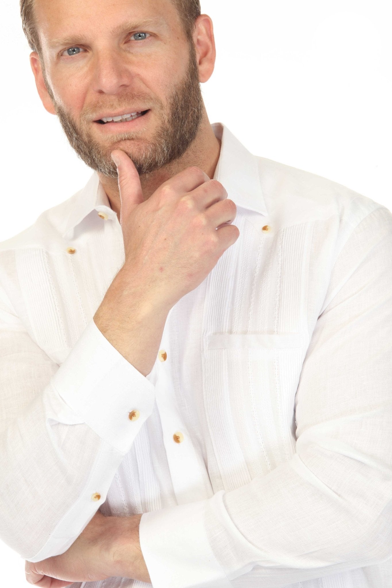 Men's 100% Linen Two-Pocket Wedding Guayabera with Lace Accent