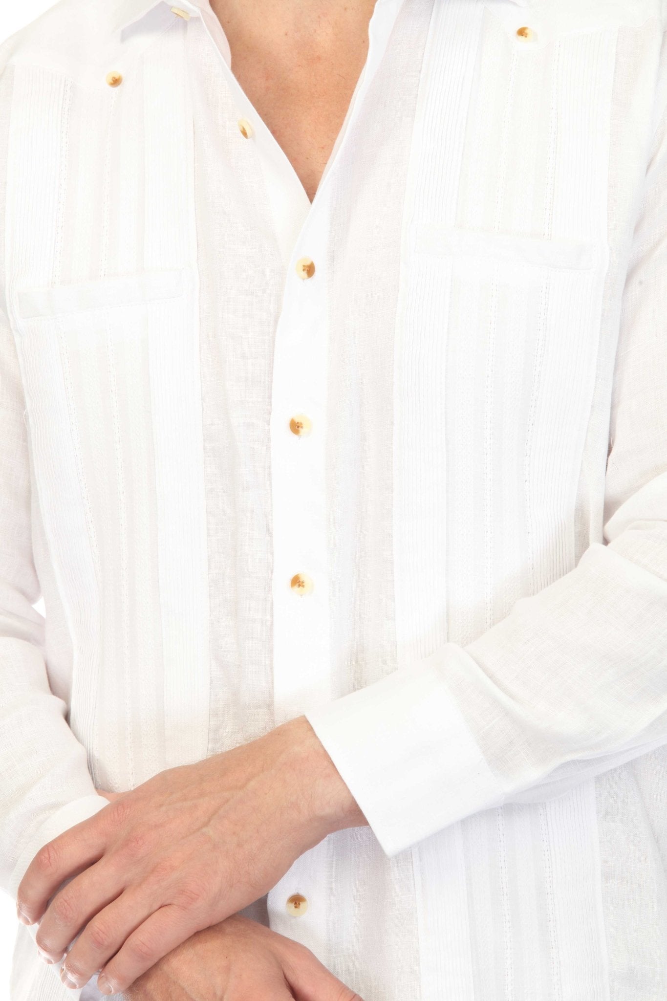 Men's 100% Linen Two-Pocket Wedding Guayabera with Lace Accent