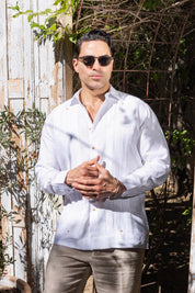 Men's 100% Linen Two-Pocket Wedding Guayabera with Lace Accent