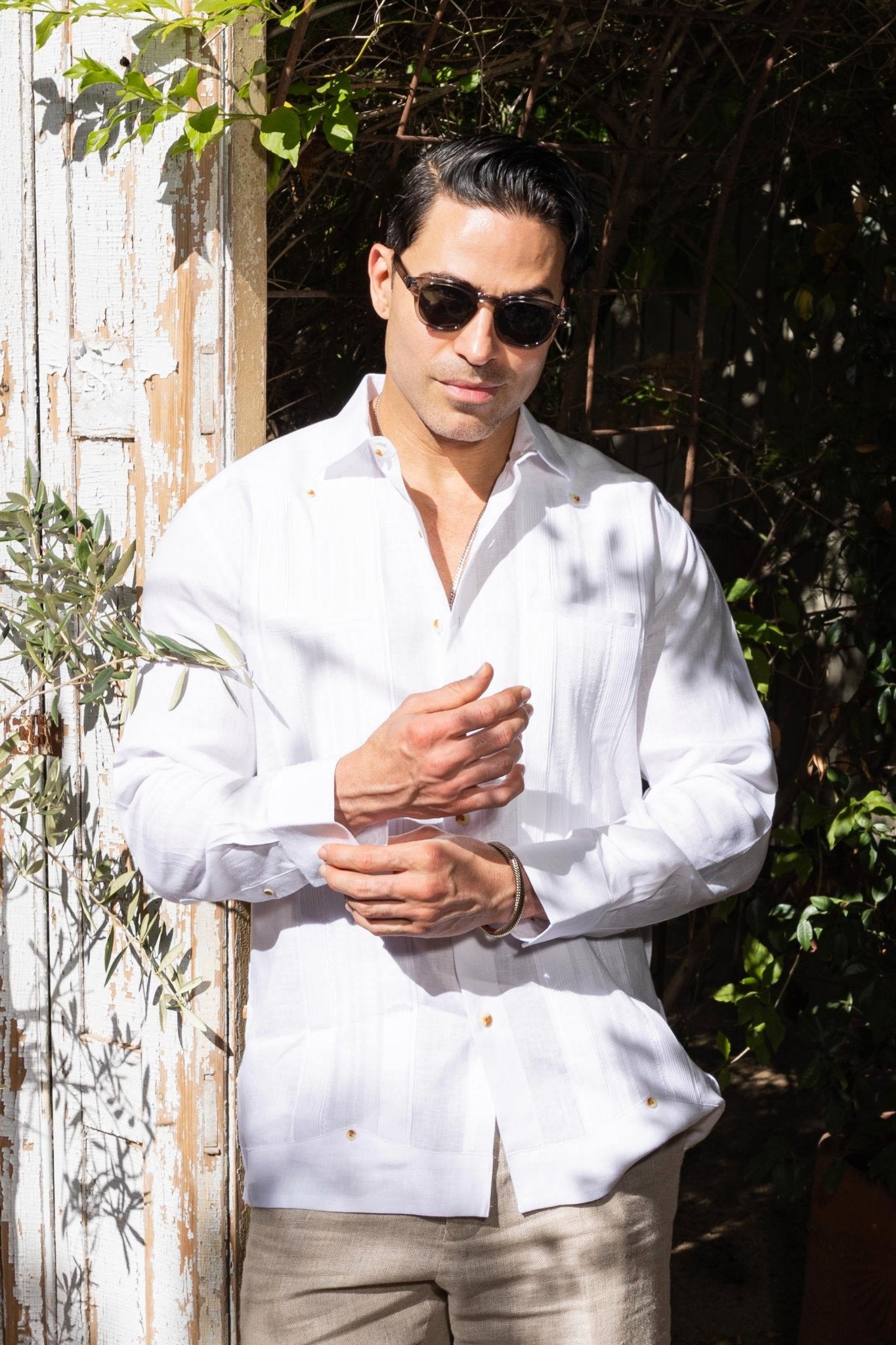 Men's 100% Linen Two-Pocket Wedding Guayabera with Lace Accent