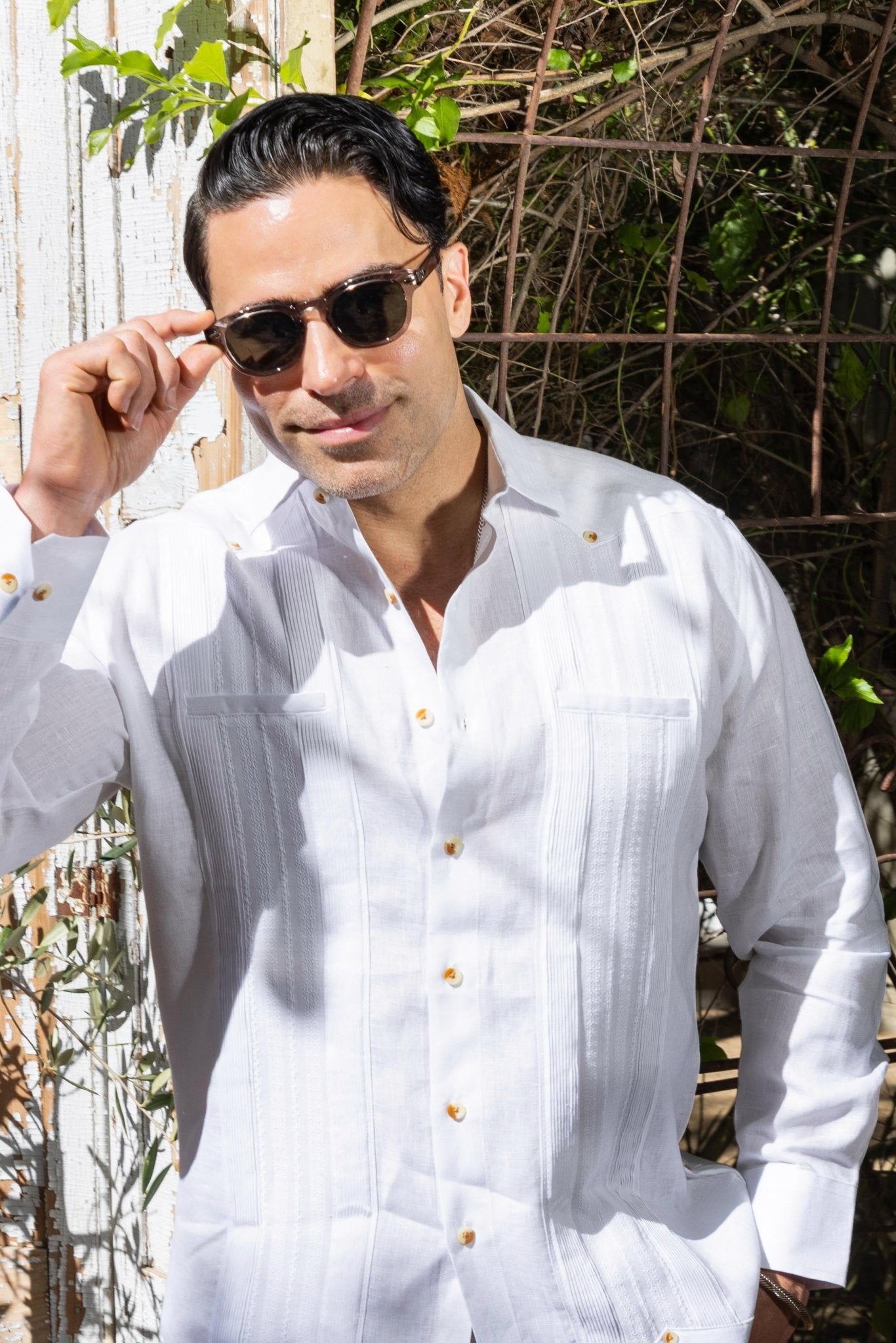 Men's 100% Linen Two-Pocket Wedding Guayabera with Lace Accent