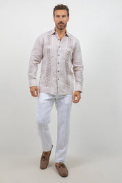 Fancy Linen Guayabera Long Sleeve Two Pocket Pleated Shirt