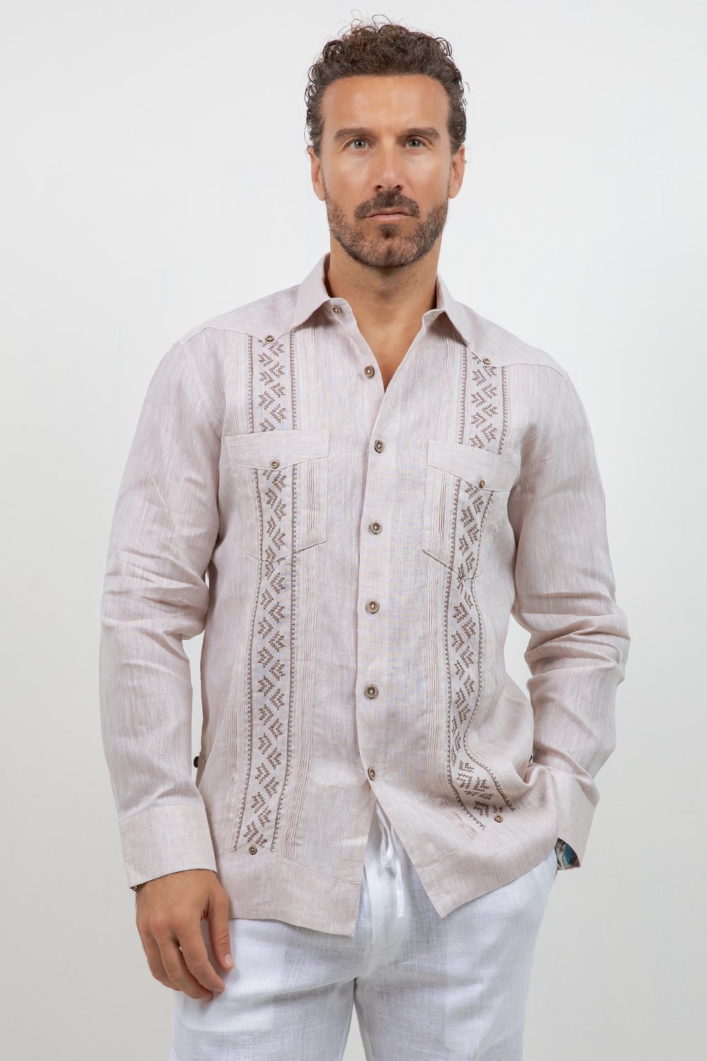 Fancy Linen Guayabera Long Sleeve Two Pocket Pleated Shirt